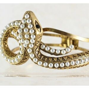 MISS ELLIE NYC Gold Snake Hinge Bangle Bracelet, Vintage Style, pearl accents